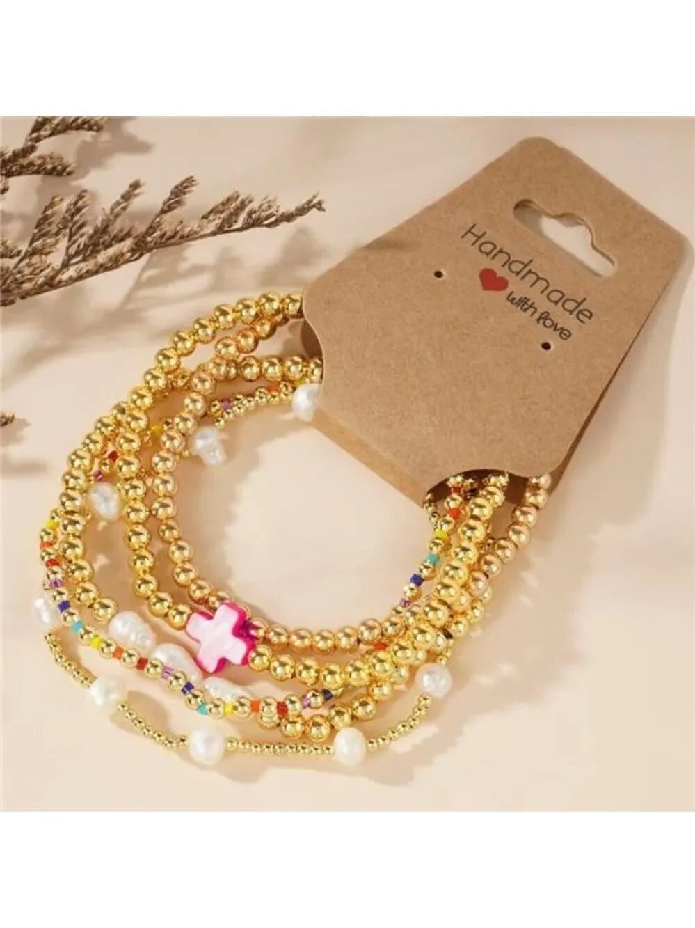 Gold Pearl Beaded Cross Bracelet Set Stretch Boho Layered Christian Jewelry